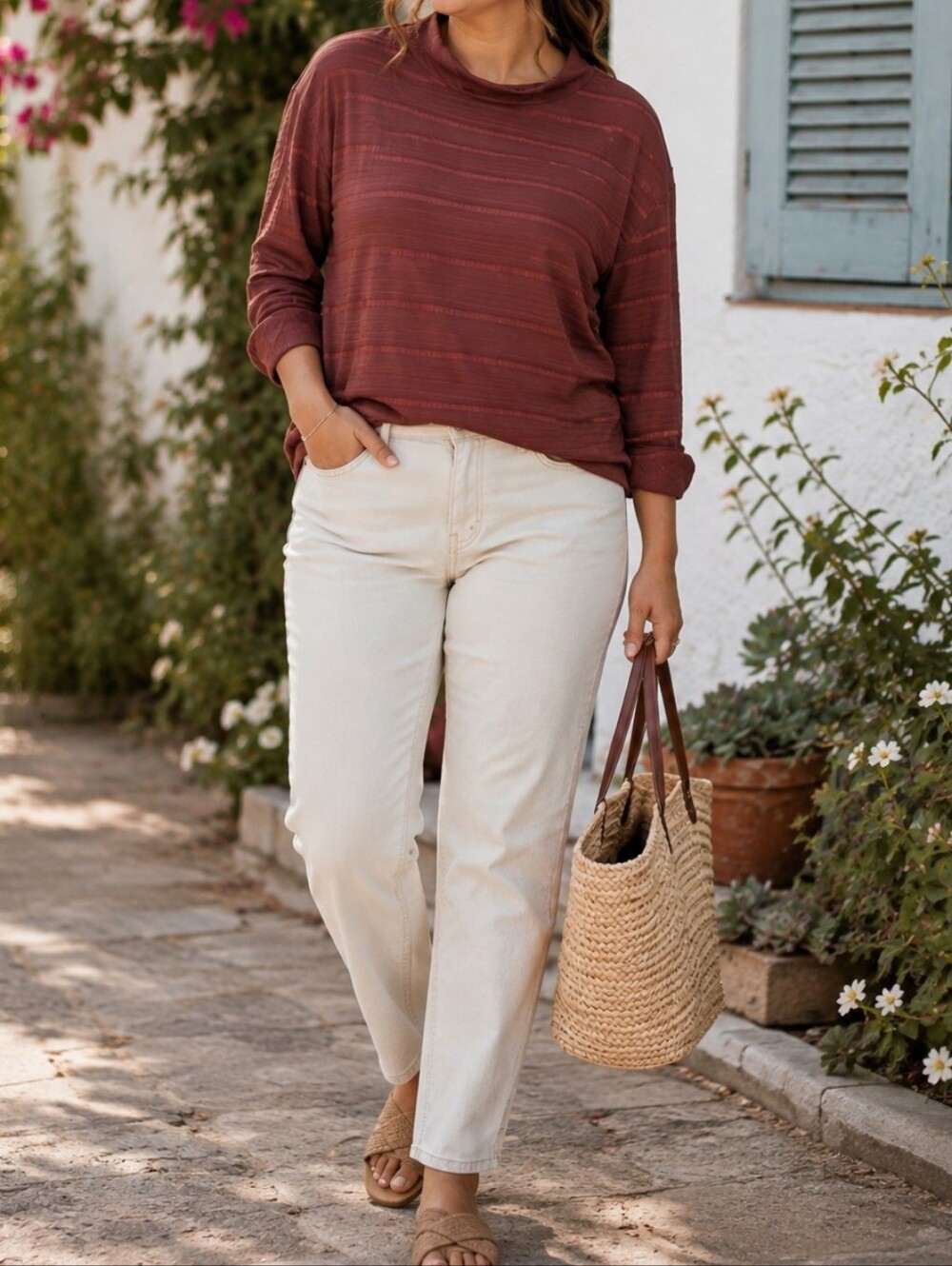 InWear Semi-Sheer Long Sleeve Blouse | Textured Lightweight Minimalist Mauve Top